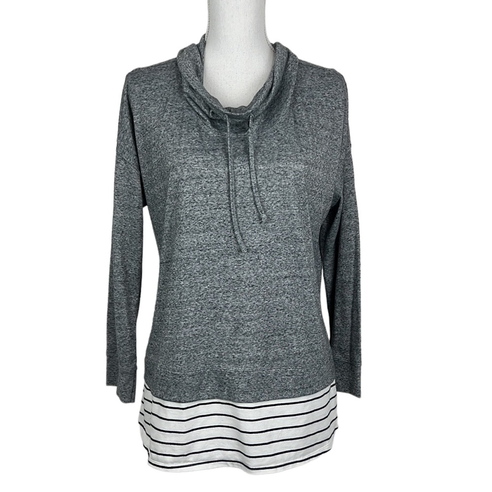 Style & Co Sweater Women Large Grey Pullover Cowl Funnel Neck Mixed Media Hem